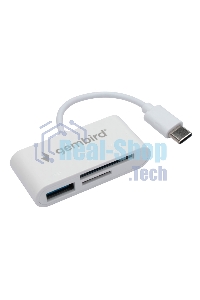 Кард-ридер Type-C (2.0) Gembird FD2-MSD-2, 3в1: SD, TF (MicroSD), USB 2.0, кабель 10 см, белый