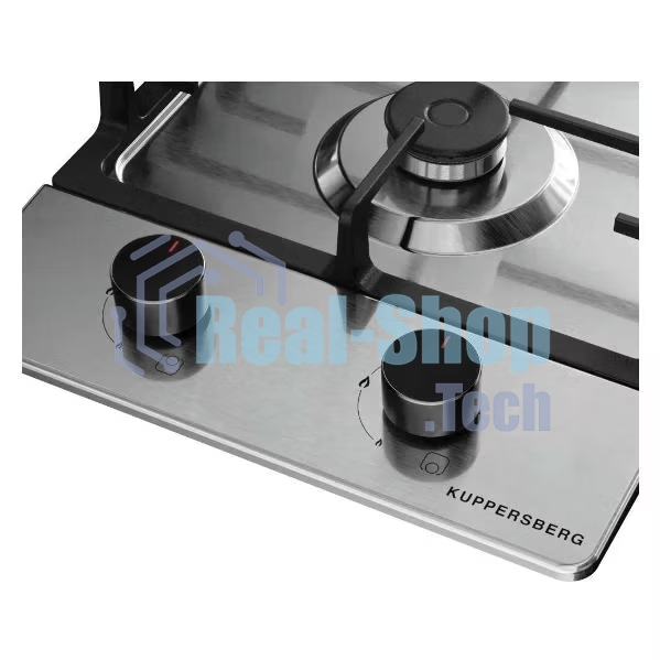 Газовая варочная панель Kuppersberg FS 36 X, газ, High-Tech, 29 см, автоматический электроподжиг, газ-контроль, форсунки под сжиженый газ, SABAF конфорки, чугунные решетки, цвет нержавеющая сталь, цвет фурнитуры черный