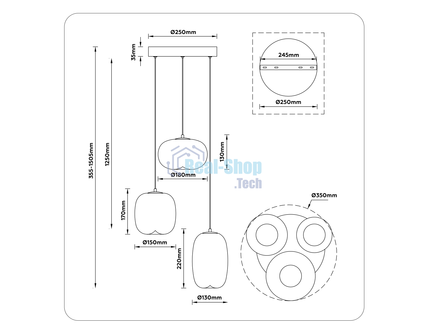 Подвесной светодиодный светильник Ambrella light LH11099/3 BK/SM черный/дымчатый 12W 3000K D350*1505