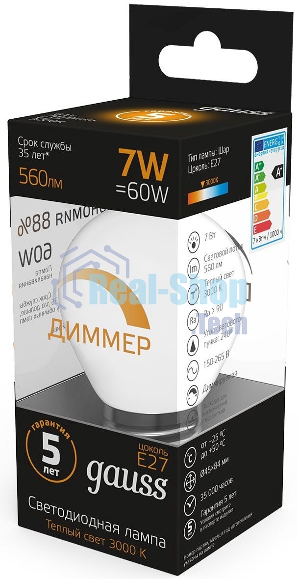 Лампа светодиодная Gauss 7Вт цок.: E27 шар 220B 3000K св. свеч. белый теп. (упак.: 10 шт)