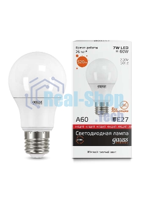 Лампа светодиодная Gauss 23217A LED Elementary A60 7W E27 520lm 2700K 1/10/100 0