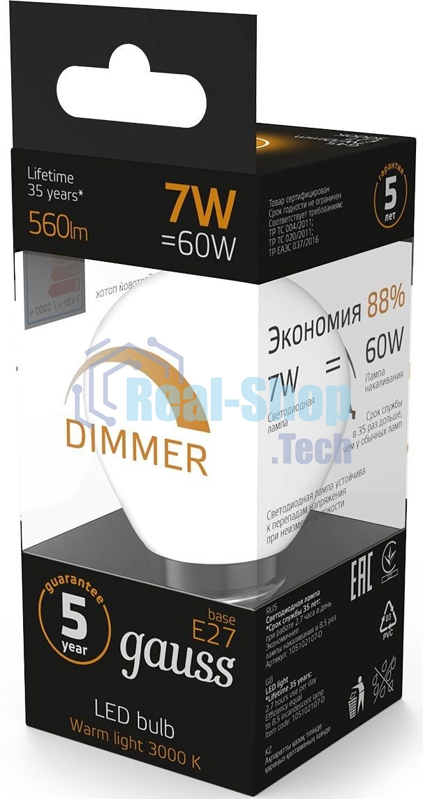 Лампа светодиодная Gauss 7Вт цок.: E27 шар 220B 3000K св. свеч. белый теп. (упак.: 10 шт)