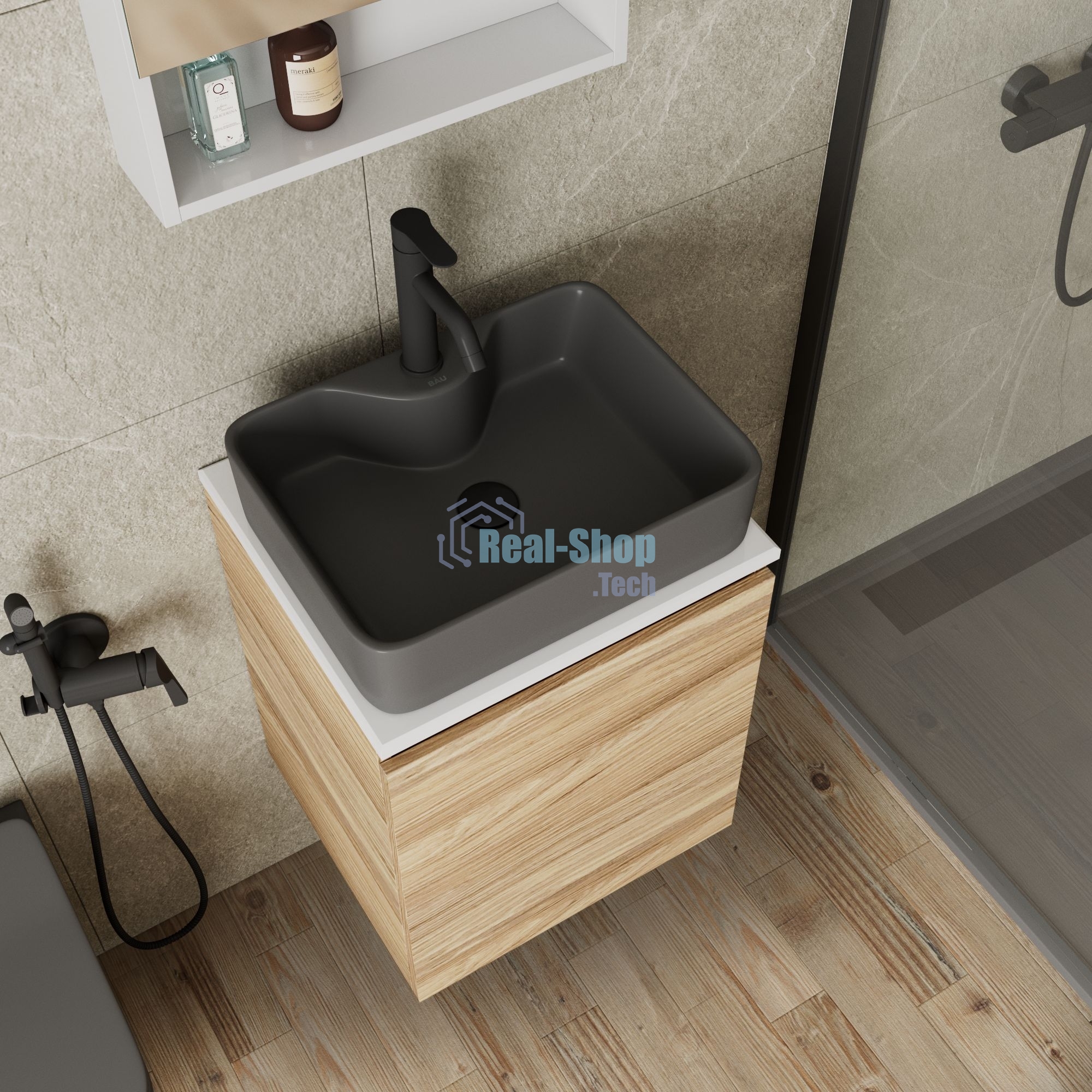 Тумба Bau Dream Blackwood 50 с дверцей, раковина BAU Cerama 48х37 темно-серая матовая, смеситель Hotel Dream Black, нерж. сталь, черный, выпуск клик клак черный