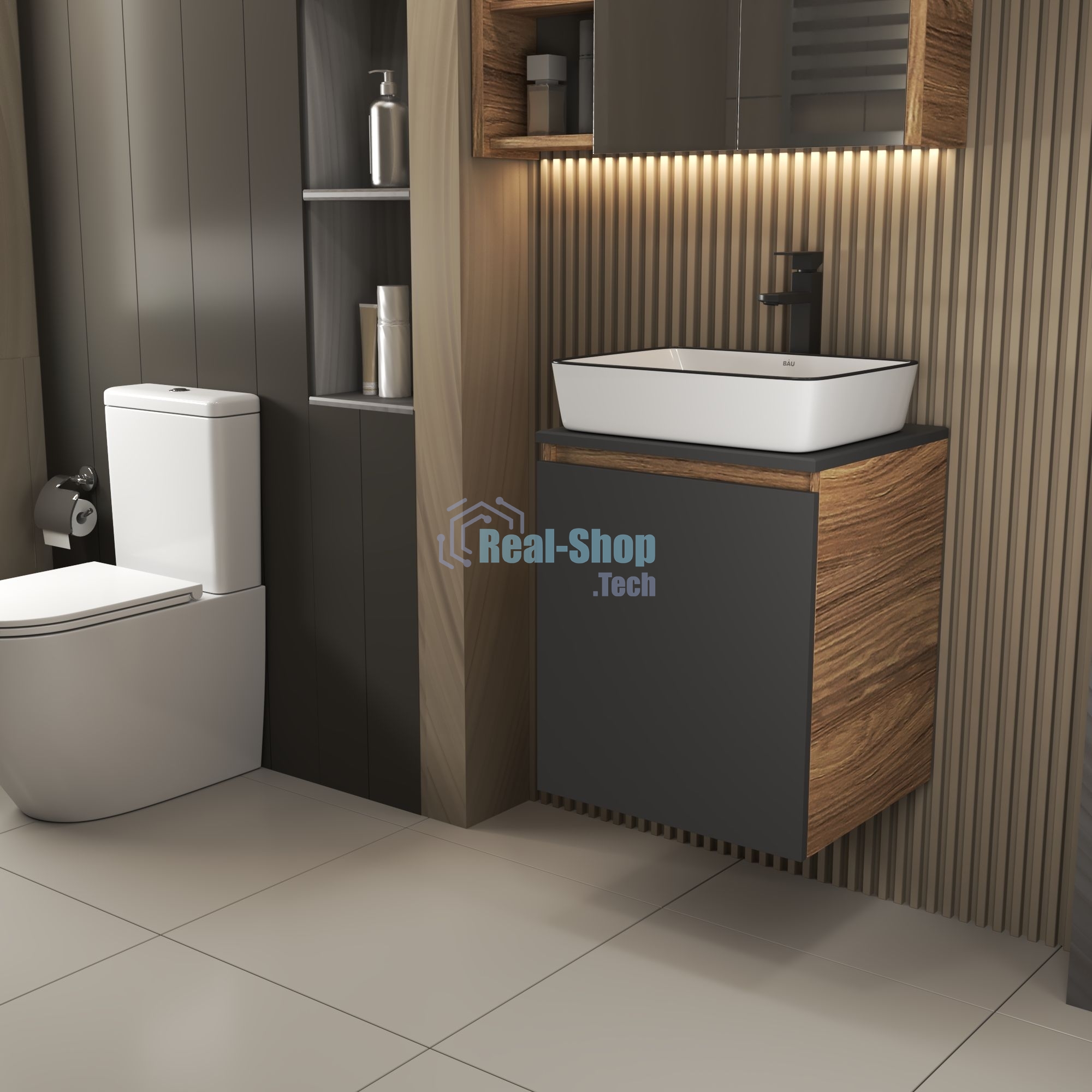 Тумба Bau Dream Blackwood 50 графит, раковина Hotel Black Rand 48х37, смеситель высокий, черный
