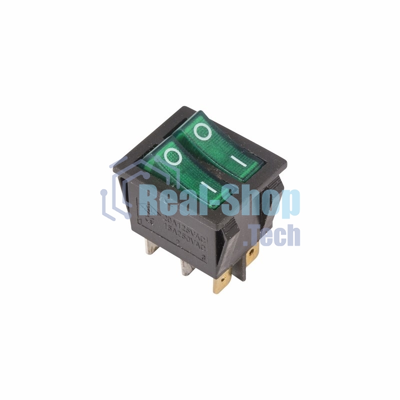Выключатель клавишный Rexant 250V 15А (6с) ON-OFF зеленый с подсветкой двойной