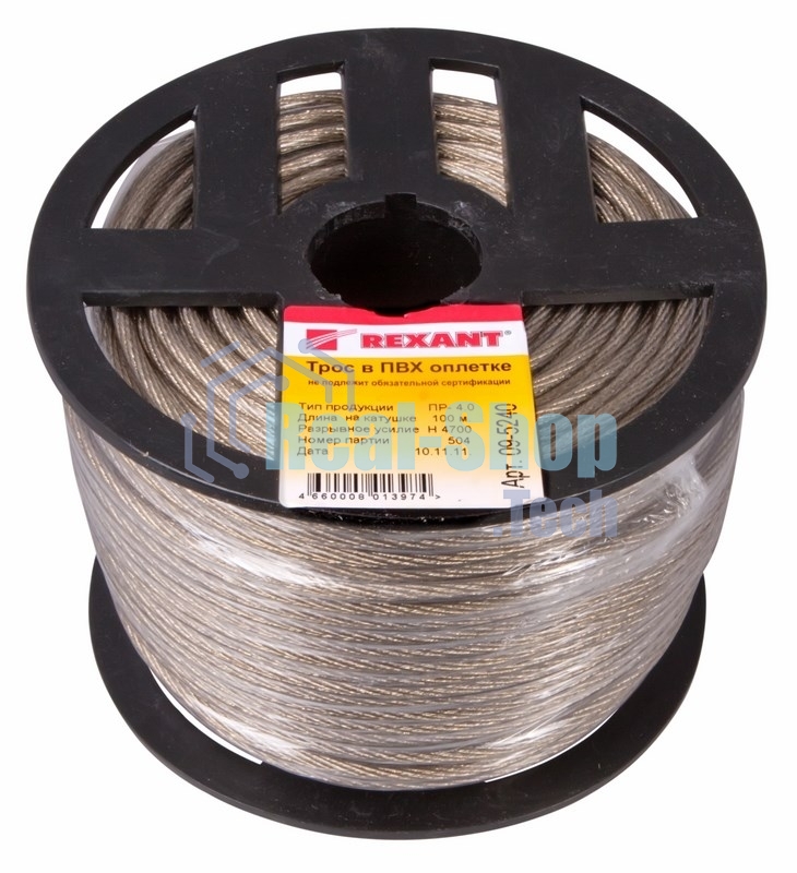 Трос стальной Rexant в ПВХ изоляции d=4.0 мм, катушка 100 метров