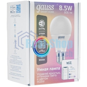 Лампа Светодиодная Gauss Smart Home RGbW E27 A60 8.5 Вт 2700-6500K 1/10/100