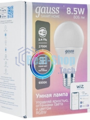 Лампа Светодиодная Gauss Smart Home RGbW E27 A60 8.5 Вт 2700-6500K 1/10/100
