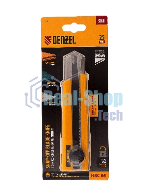 Нож Denzel 25 мм, сменное лезвие, SK4, корпус из TPR, метал. направляющая, винтовой фиксатор