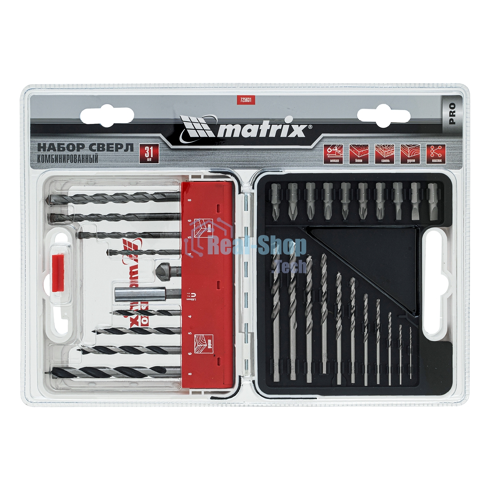 Набор сверл Matrix комб., мет.1-6мм,бетон 4-8мм,дер.4-8 мм,биты 10шт,адап., зенковка, 31пр., PRO