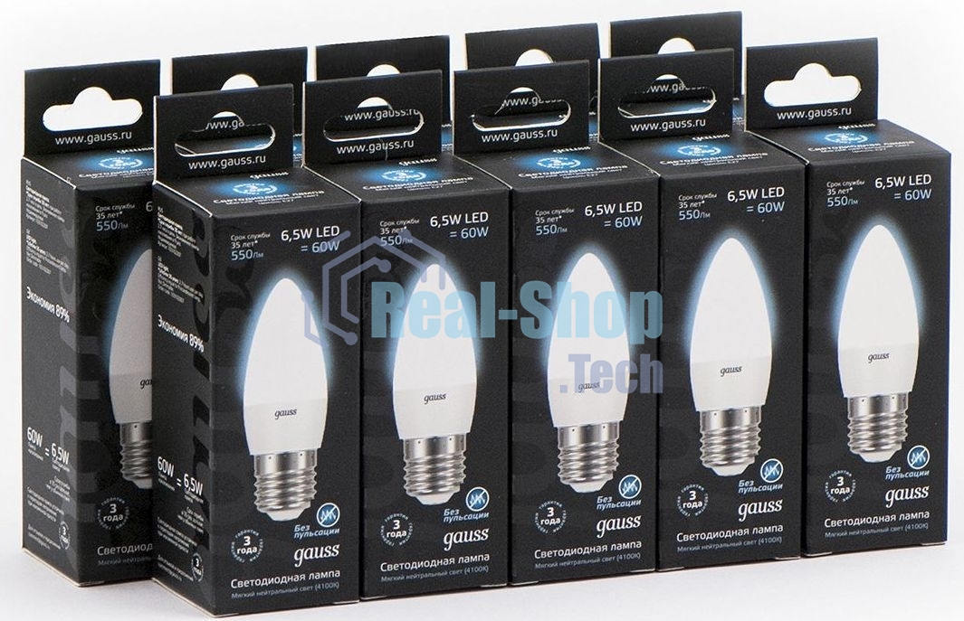 Лампа светодиодная Gauss 6.5Вт цок.: E27 свеча 220B 4100K св. свеч. бел. ней. (упак.: 10 шт)