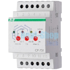 Реле напряжения CP-731 (трехфазный; микропроцессорный; контроль верхнего и нижнего значений напряжения; контроль ассиметрии; чередования фаз; монтаж на DIN-рейке 35мм 3х400/230+N 2х8А 1Z 1R IP20) F&F EA04.009.005