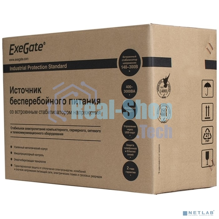 Источник бесперебойного питания ExeGate SpecialPro UNB-2200.LED.AVR.EURO.RJ.USB 2200VA/1300W, LED, AVR, 4 евророзетки, RJ45/11, USB, черный