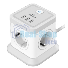 Сетевой фильтр Cablexpert Tower, TWR-4-U3-W-2, 4р, 10А, 3xUSB, 3.1А, 2 м, ур. защиты 2+, белый, коробка