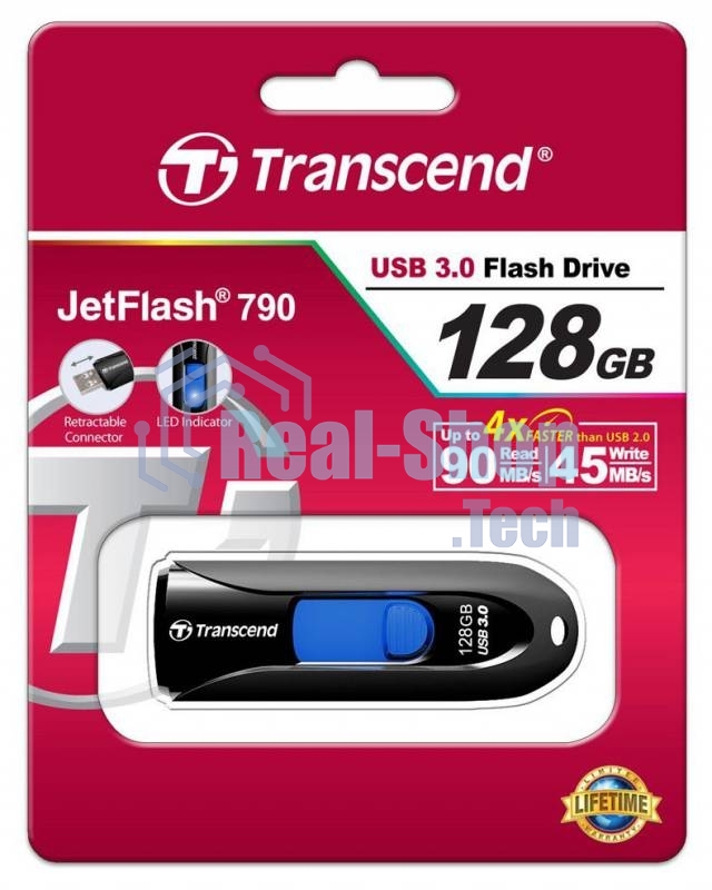 Флешка USB Transcend JetFlash 790 (TS128GJF790K), 128Gb, USB 3.0, R/W 90/40, черный/синий