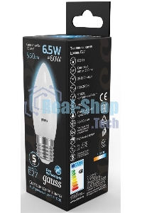 Лампа светодиодная Gauss 6.5Вт цок.: E27 свеча 220B 4100K св. свеч. бел. ней. (упак.: 10 шт)