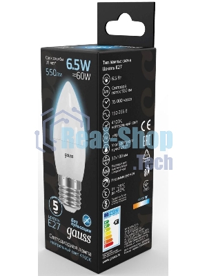 Лампа светодиодная Gauss 6.5Вт цок.: E27 свеча 220B 4100K св. свеч. бел. ней. (упак.: 10 шт)