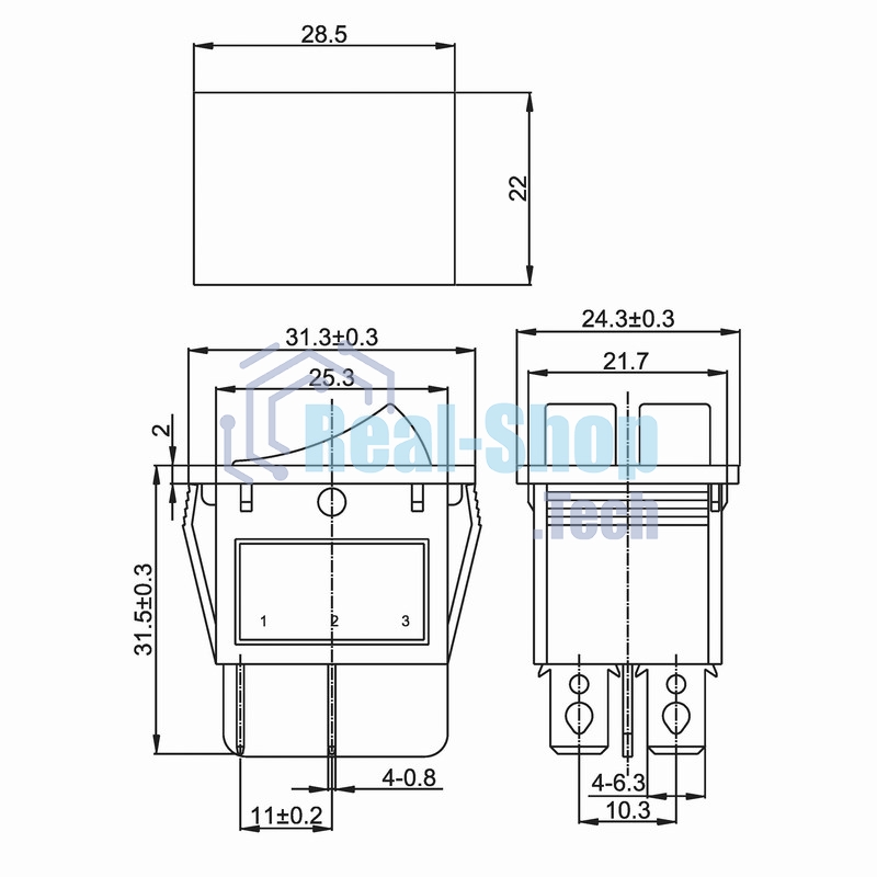Выключатель клавишный Rexant 250V 15А (6с) ON-OFF синий с подсветкой двойной