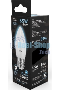 Лампа светодиодная Gauss 6.5Вт цок.: E27 свеча 220B 4100K св. свеч. бел. ней. (упак.: 10 шт)