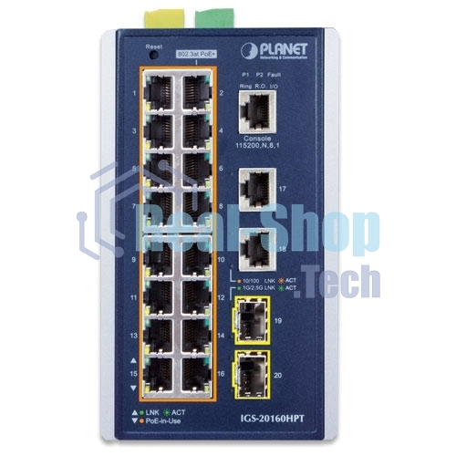 Коммутатор индустриальный PoE IGS-20160HPT для монтажа в DIN-рейку IP30 Industrial L2+/L4 16-Port 1000T 802.3at PoE+ 2-Port 1000T + 2-port 100/1000X SFP Full Managed Switch (-40 to 75 C, dual redundant power input on 48~56VDC terminal block, DIDO, ERPS Ring Supported, 1588)