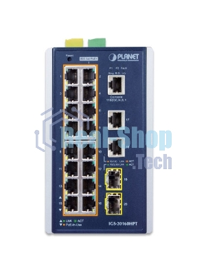 Коммутатор индустриальный PoE IGS-20160HPT для монтажа в DIN-рейку IP30 Industrial L2+/L4 16-Port 1000T 802.3at PoE+ 2-Port 1000T + 2-port 100/1000X SFP Full Managed Switch (-40 to 75 C, dual redundant power input on 48~56VDC terminal block, DIDO, ERPS Ring Supported, 1588)