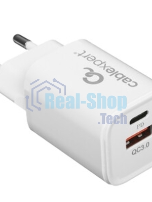 Сетевое зарядное устройство Cablexpert MP3A-PC-42, 30Вт, быстрая зарядка QC3.0/PD, 2 порта: USB и Type-C, белый, пакет