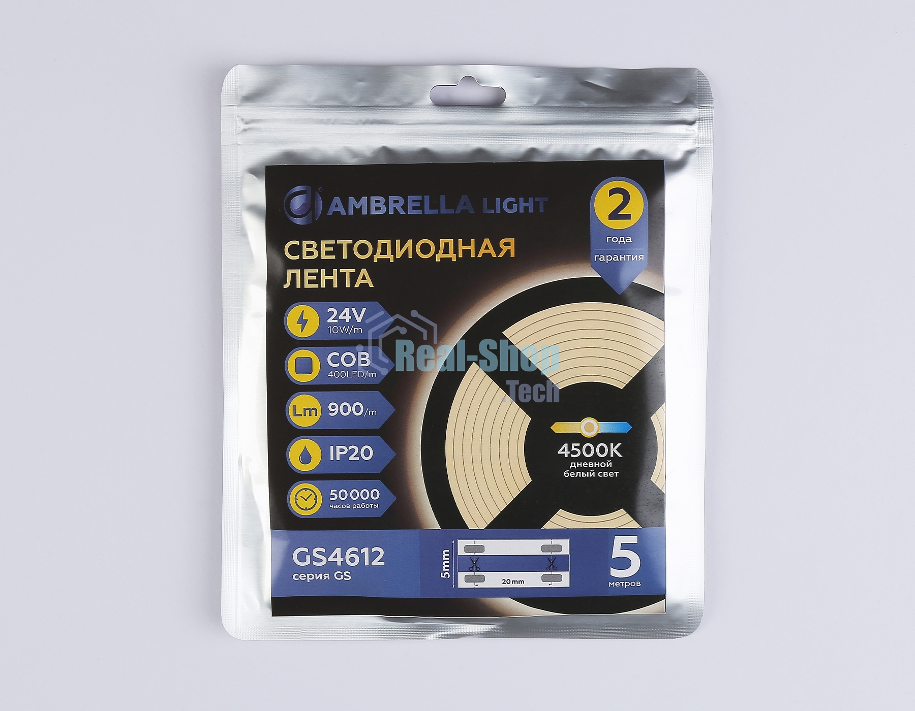 Светодиодная лента Ambrella light GS4612 COB 400Led/10W m/ 24V IP20 4500K/ 5m*5mm*2.1mm (2 конт.)