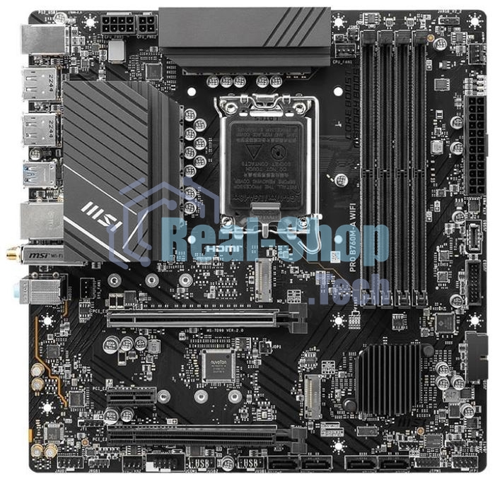Материнская плата MSI PRO B760M-A WIFI, LGA 1700, Intel B760, 4xDDR5, 4xSATA, 2xM.2, 1xPCI-E 4.0 x16, 1xPCI-E 4.0 x4, 2xHDMI, 2xDP, 1x2.5Gb LAN, 2xUSB-A 2.0, 2xUSB 3.2 Gen 1, 2xUSB 3.2 Gen 2, 3x3.5 мм, 7.1, Micro-ATX