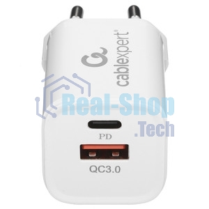 Сетевое зарядное устройство Cablexpert MP3A-PC-42, 30Вт, быстрая зарядка QC3.0/PD, 2 порта: USB и Type-C, белый, пакет