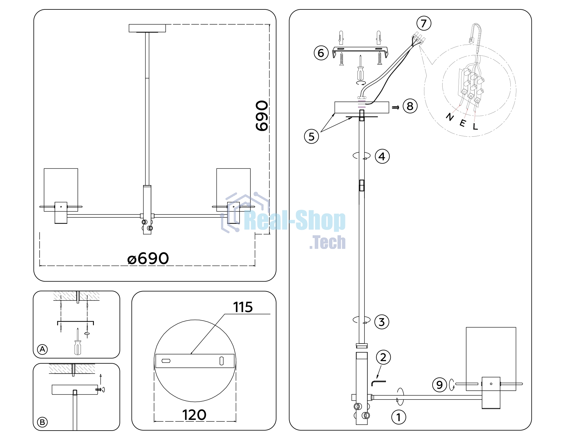 Люстра Ambrella light LH57041/6 BK/DBS/SM черный/темная латунь/дымчатый E14/6 max 40W D690*690