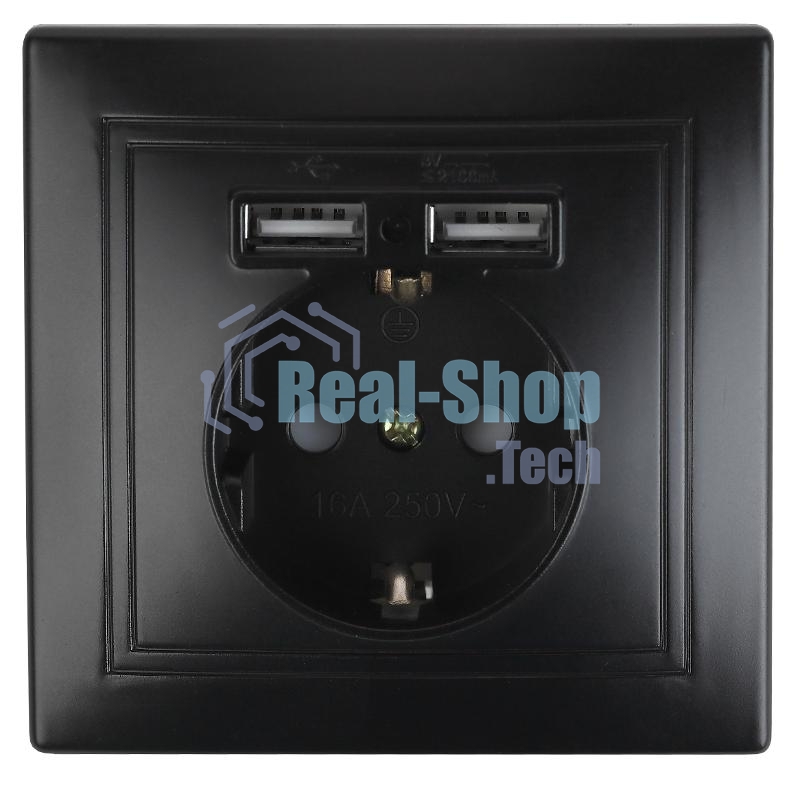 Розетка Intro Plano 1-410-05 с заземлением 2P+E Schuko со шторками, 16А-250В + 2хUSB 5В-2,1А, IP20, СУ, антрацит | Б0053946 | Intro