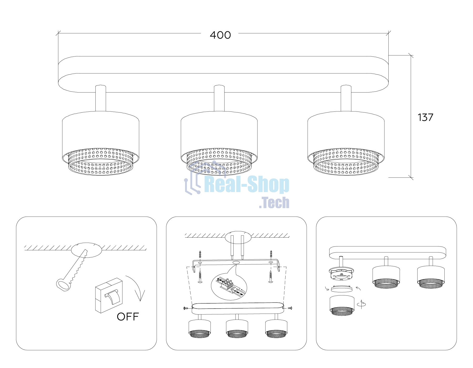 Светильник Ambrella light TN71291/3 WH/BK белый/черный GX53/3 max 12W 400*95*137