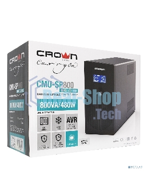 Источник бесперебойного питания CROWN 800VA/450W, металл, 1x12V/9AH, розетки 3*EURO+1*IEC bybass, трансформатор AVR 145-280V, LCD дисплей, съемный кабель 1.2м, фильтр телефонной и ethernet линии RJ11/45, защита батареи, от перегрузки, от КЗ