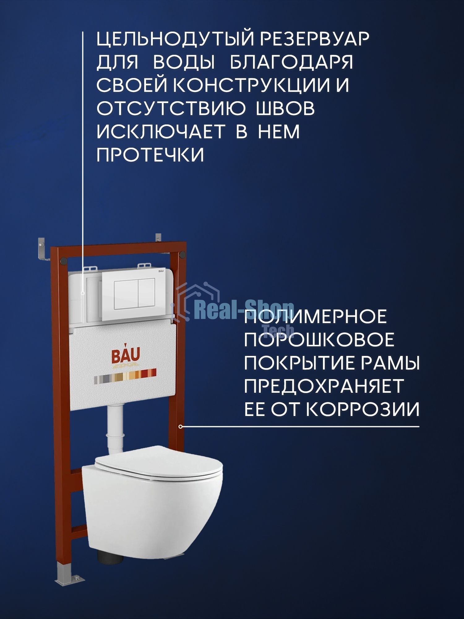 Комплект BAU 6 в 1: инсталляция BAU PRO, унитаз подвесной Rio Luxe 52*35, сиденье микролифт, кнопка смыва BAU Stil для инсталляциии, белый глянец