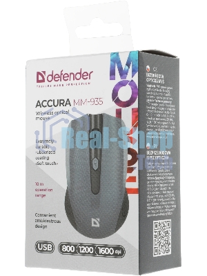 Мышь беспроводная Defender Accura MM-935 серый, 1600 dpi, радиоканал, USB, кнопки - 4