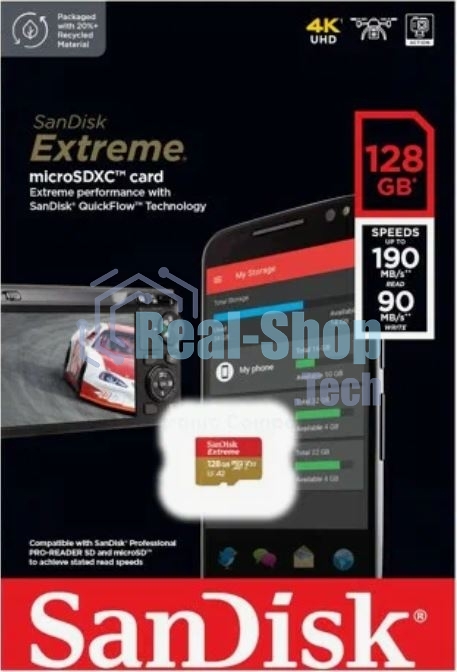 Флеш карта microSD 128Gb SanDisk microSDXC Class 10 UHS-I A2 C10 V30 U3 Extreme 190MB/s
