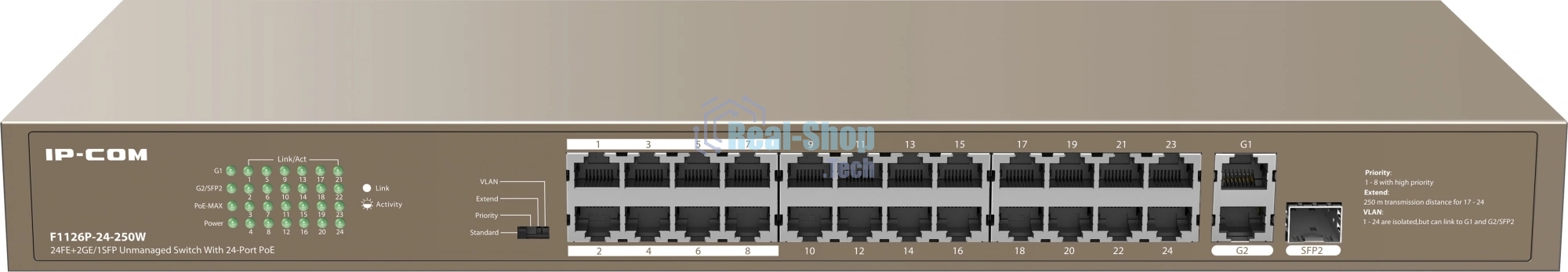 Коммутатор IP-COM F1126P-24-250W PoE неуправляемый 26-Ports 10/100 Mbps Base-TX + 1-Port 1000 Base-X SFP/24-Ports PoE (PoE бюджет 230W)