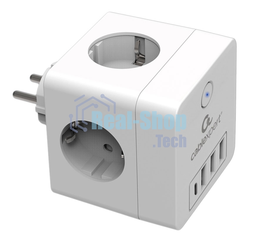 Сетевой фильтр Cablexpert Cube, CUBE-4-СU3-W, 4 р, 16А, 1xType-C PD, 3хUSB, ур. защиты 2+, белый, коробка