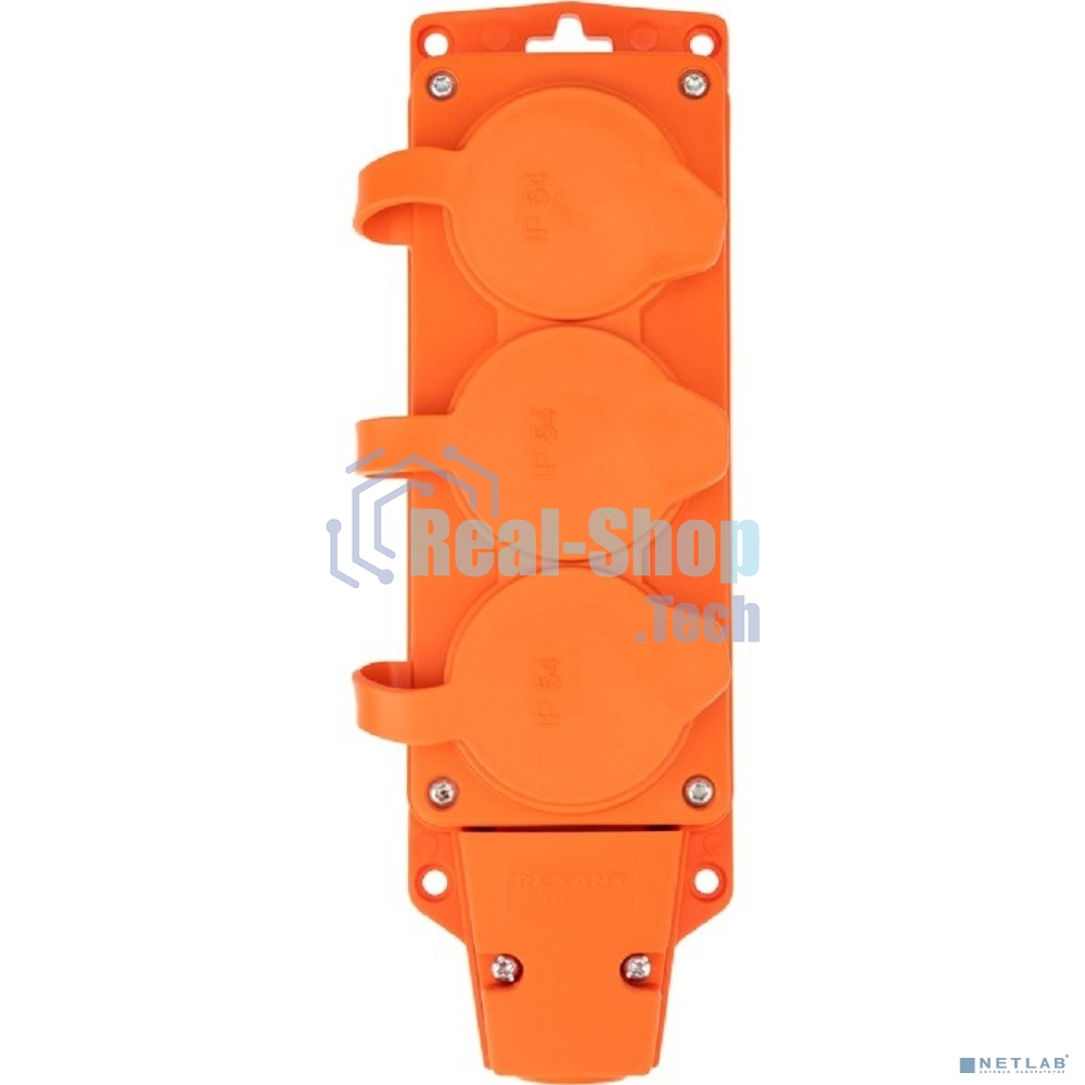 Розетка (колодка) Rexant влагозащищенная с крышкой 3 гнезда COMPACT, с/з, 16А, IP54, каучук, оранжевый