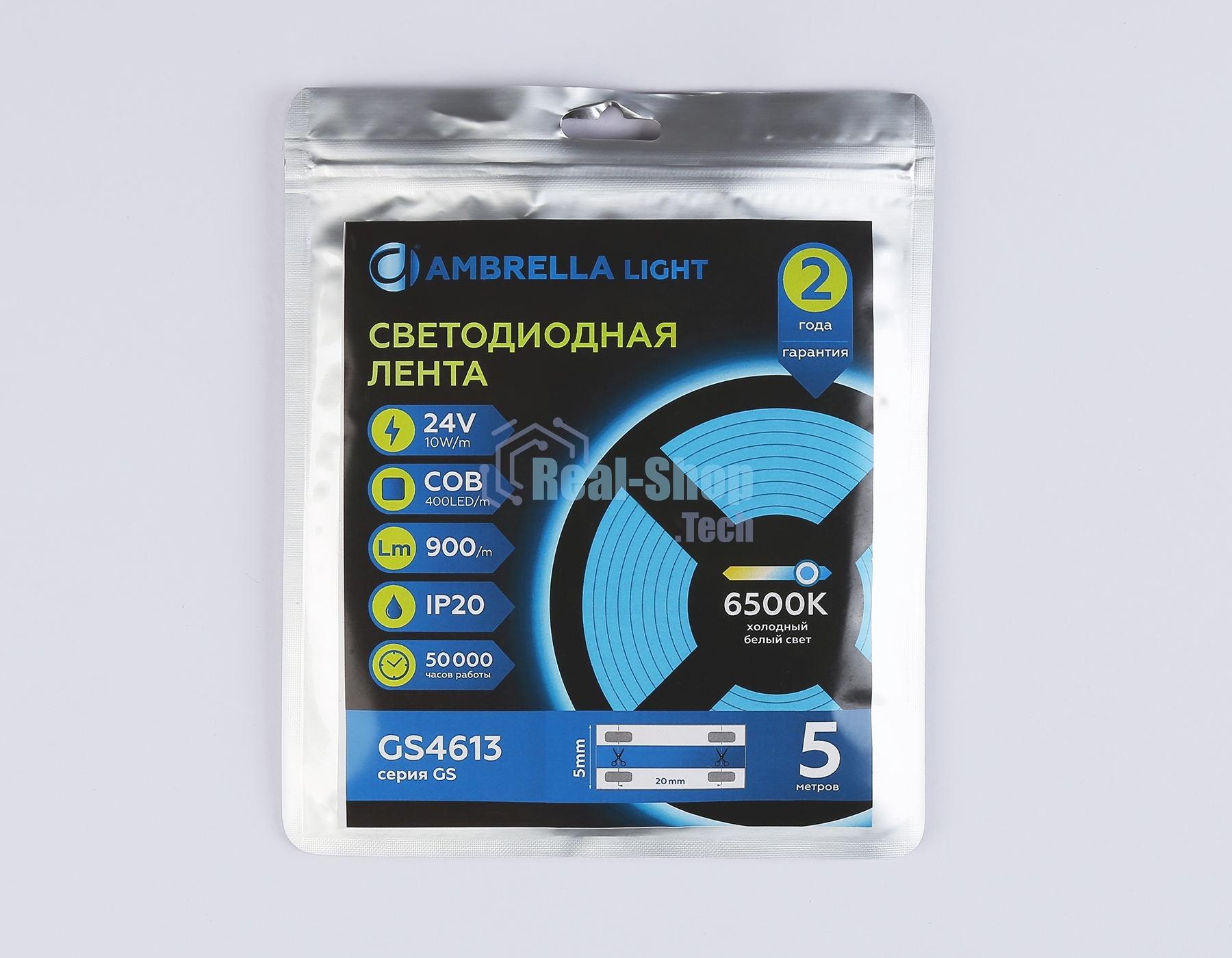 Светодиодная лента Ambrella light GS4613 COB 400Led/10W m/ 24V IP20 6500K/ 5m*5mm*2.1mm (2 конт.)