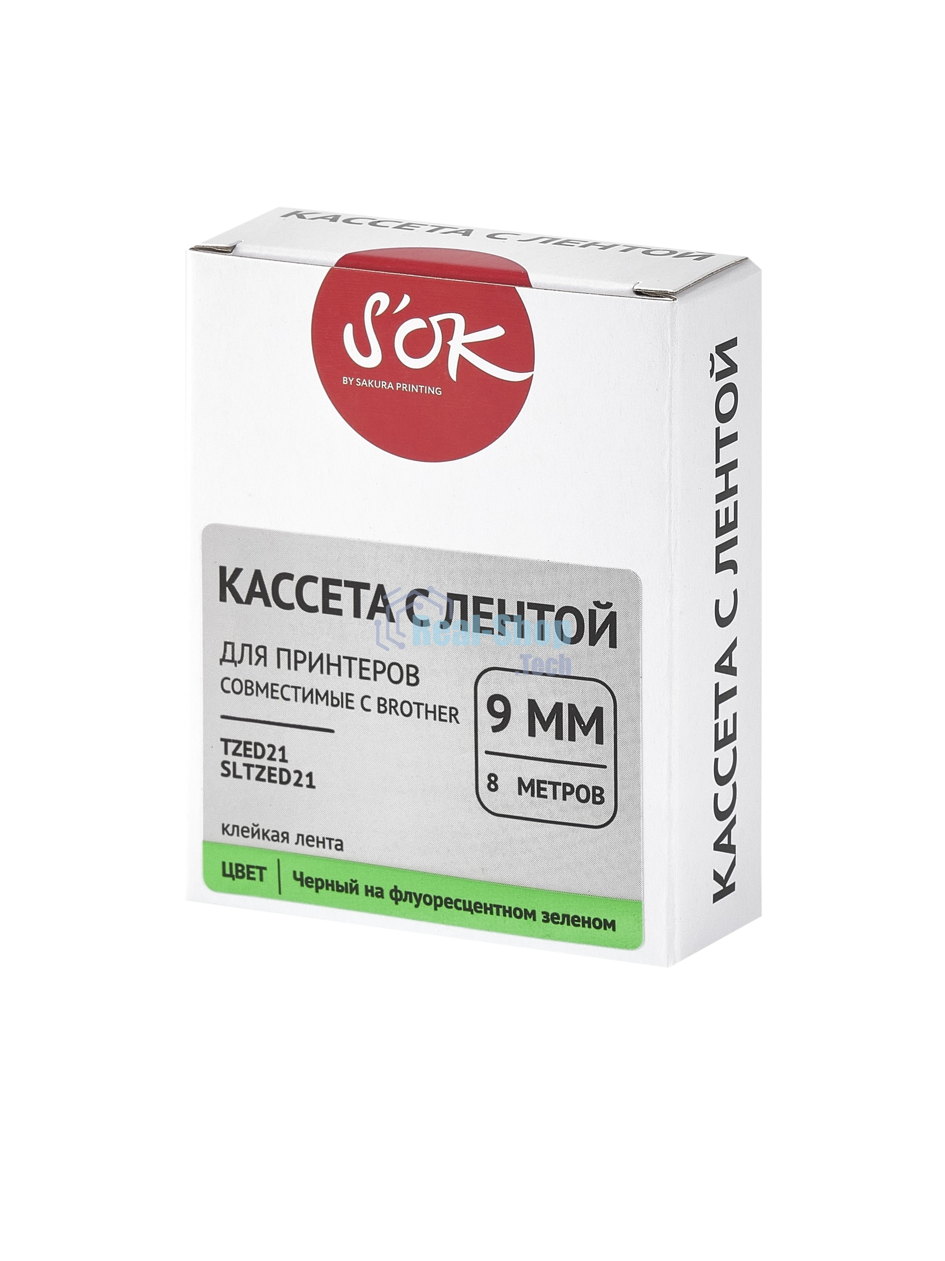 Кассета с лентой S'OK by Sakura Printing TZED21 для Brother, черный на зеленом, 9мм/8м, наклейка