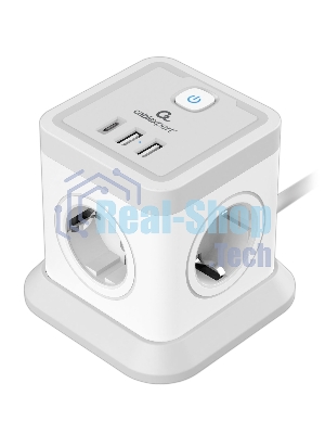 Сетевой фильтр Cablexpert Tower, TWR-4-CU2-W-2, 4р, 10А, 1xType-C PD, 20Вт, 2хUSB, 2 м, ур. защиты 2+, белый, коробка