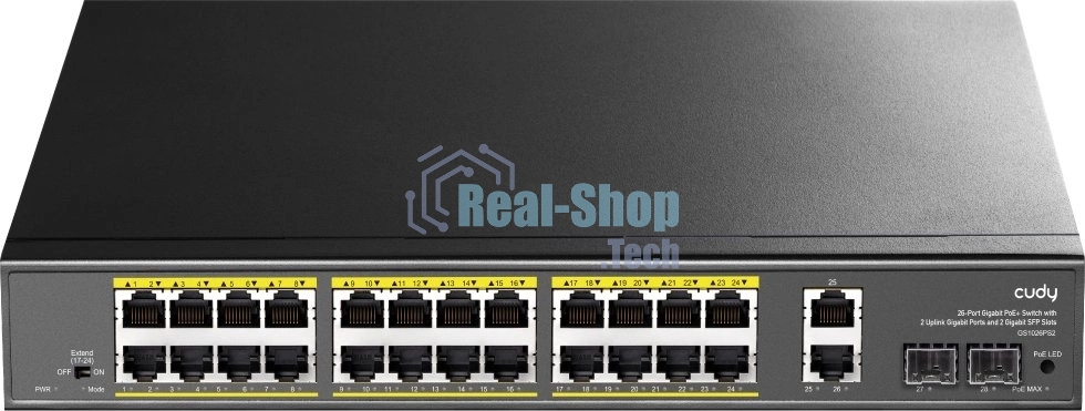 Коммутатор Cudy GS1026PS2, (L2) 26x1 Гбит/с 2xКомбо(1000BASE-T/SFP), 2SFP, 24PoE, 300W, неуправляемый