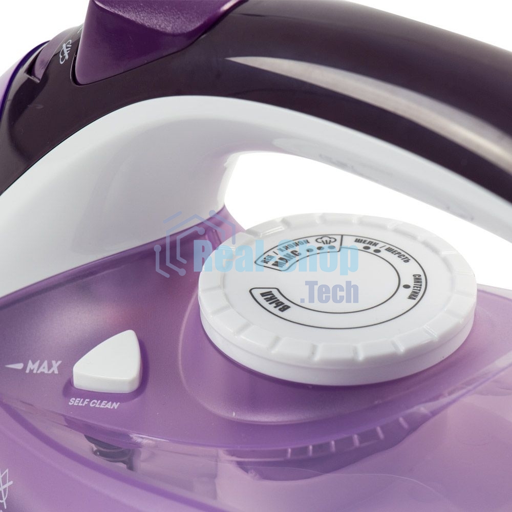 Утюг Galaxy Line GL 6124, фиолетовый с белым, паровой, 2500 Вт, постоянный пар 50 г/мин, паровой удар 230 г/мин, функции: самоочистка, антикапля, антинакипь, функция увлажнения, вертикальное отпаривание, защита от перегрева, индикатор нагрева, керамическо