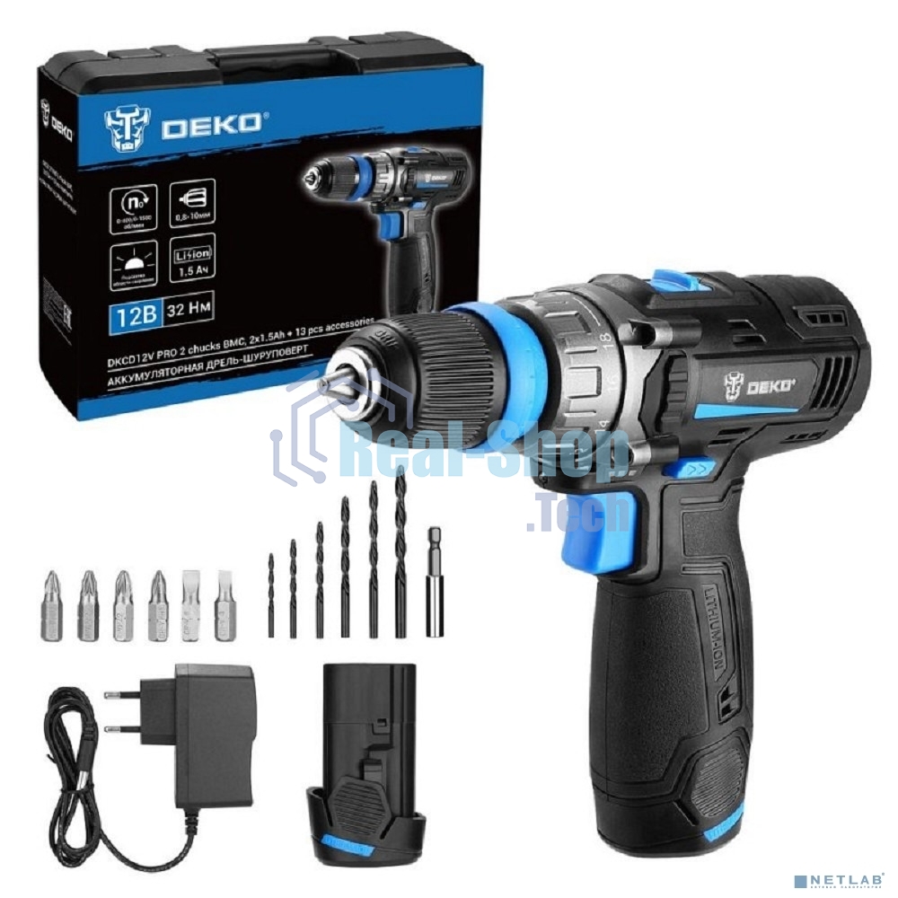 Дрель-шуруповерт Deko DKCD12V PRO, 12 В, 1.5 Ач, 32 Нм, щеточный
