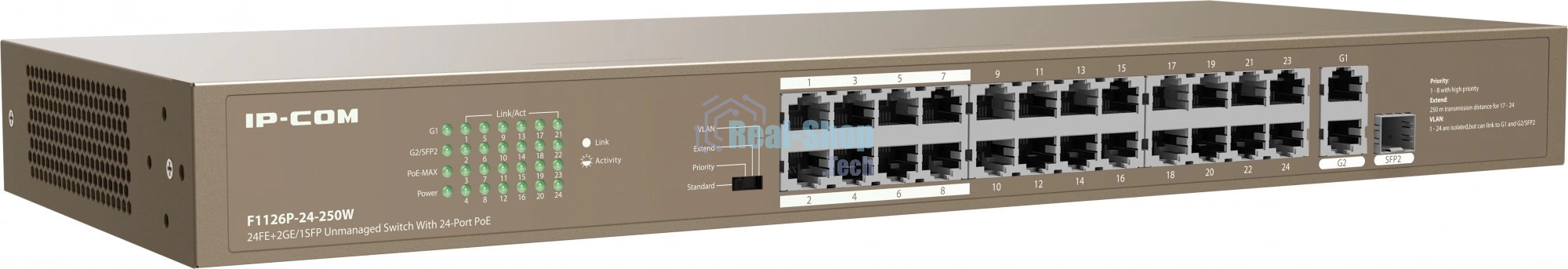 Коммутатор IP-COM F1126P-24-250W PoE неуправляемый 26-Ports 10/100 Mbps Base-TX + 1-Port 1000 Base-X SFP/24-Ports PoE (PoE бюджет 230W)