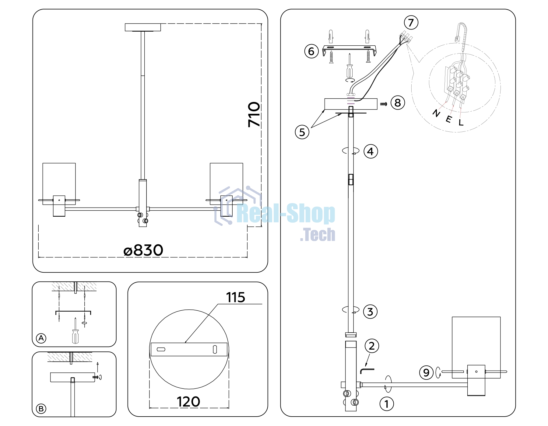 Люстра Ambrella light LH57043/8 BK/DBS/SM черный/темная латунь/дымчатый E14/8 max 40W D830*710