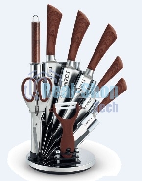 Набор кухонных ножей Kelli KL-2127 метал на подставке Высококачественная сталь 9 предметов: Топорик кухонный 16 см, Нож поварской 20 см, Нож хлебный 20 см, Нож для резки 12 см, Нож овощной 9 см, Точилка, Ножницы Овощечистка с керамическим лезвиемОстрая ре