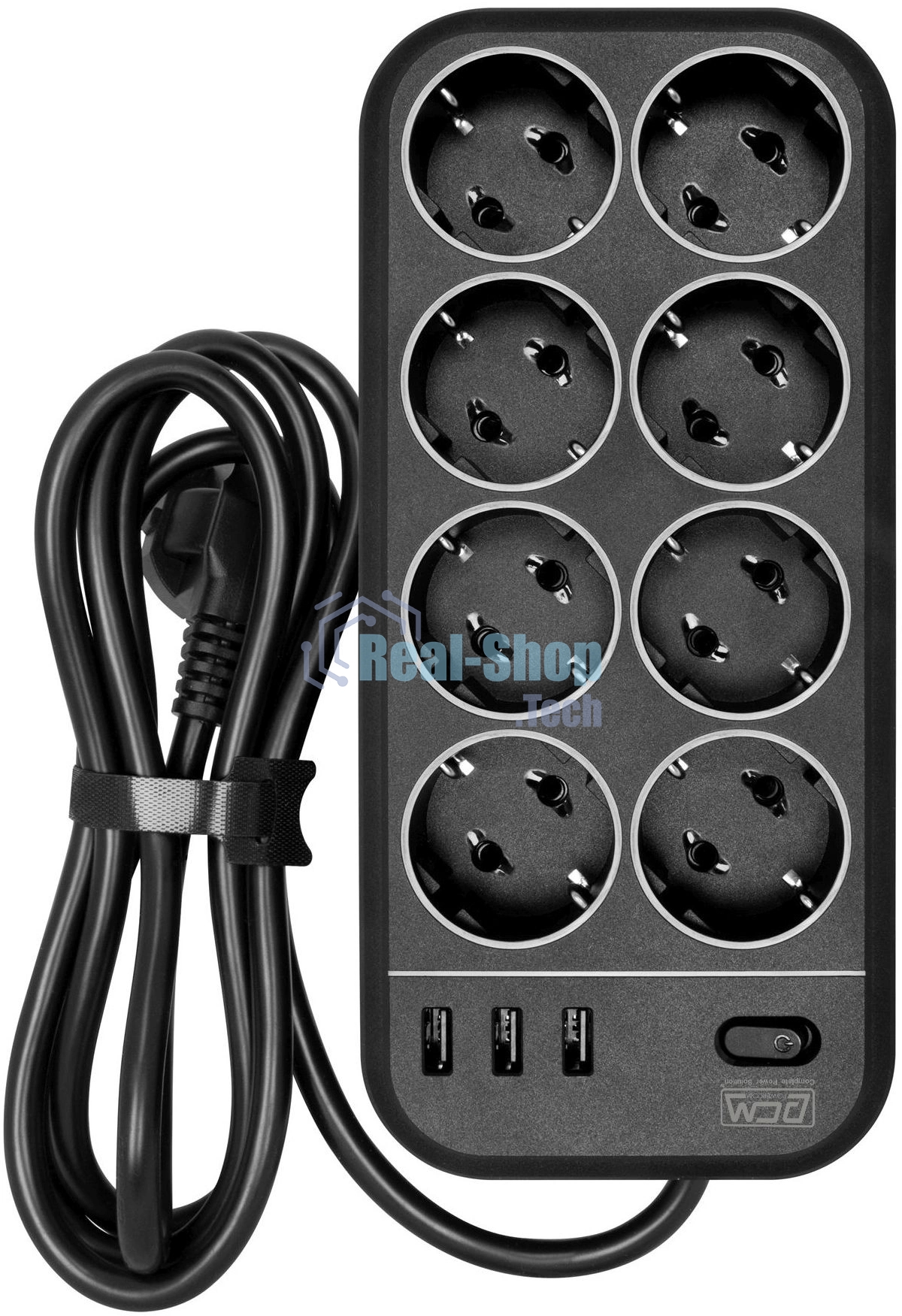 Сетевой фильтр Powercom SP-08 USB03AB 1,8 m 1.8м, 8 розеток, черный, коробка