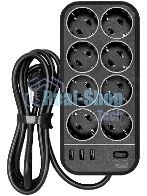 Сетевой фильтр Powercom SP-08 USB03AB 1,8 m 1.8м, 8 розеток, черный, коробка